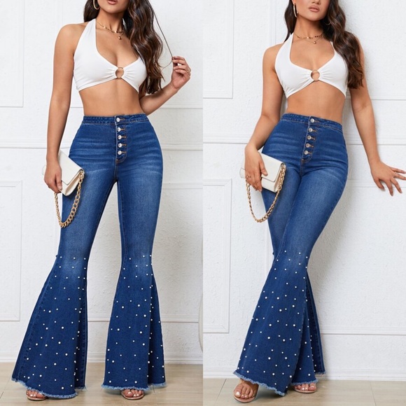 🆕 DARK BLUE DENIM PEARL BELL SHAPE BOTTOM JEANS - Picture 2 of 11